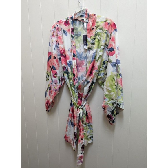 New Cacique Short Wrap Robe Seriously Sexy Watercolors Kimono Floral Silky0/2